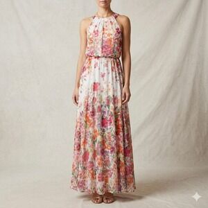 Eliza J Floral Chiffon Halter Maxi Flowy Dress Cottage Romantic Feminine